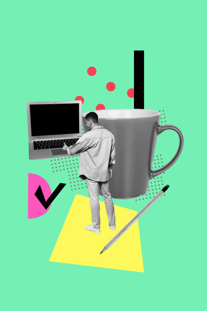 海报图像，纵向照片拼贴，快乐的男性经理推着笔记本电脑键盘，勾选批准空缺，咖啡杯，铅笔。图片下载