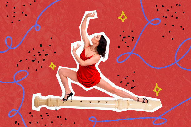 严肃女孩在音乐派对上跳舞的艺术海报照片拼贴，穿着华丽的短裙，参加管弦乐表演。图片下载