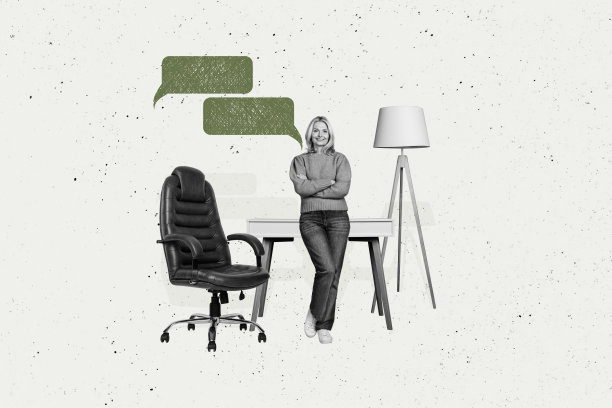 成熟的女性商务人士在办公室桌子和扶手椅前的照片拼贴，包含文本框、沟通短语和讨论内容。图片下载