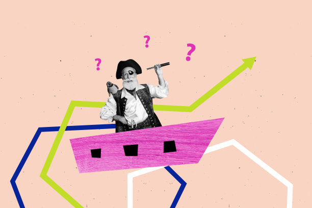 趋势复合素描模板 3D 照片拼贴，箭头指示路线，研究冒险标志，目标，坐在船上的老年人专注地看着图片下载