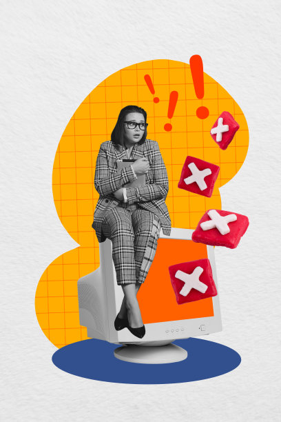 垂直照片拼贴，沮丧的女孩坐在旧显示器电脑前，手持平板，交叉手臂，表示取消、失败和问题，背景为涂鸦风格。图片下载