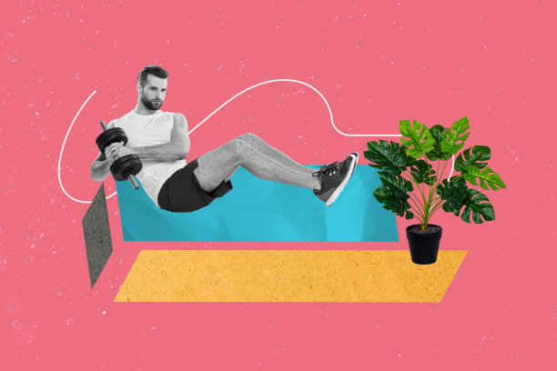 创意图片拼贴，年轻运动员坚持锻炼，二头肌训练，哑铃，室内植物，绘画背景图片下载