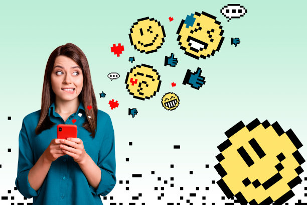 焦虑困惑的女孩手持iPhone的合成照片拼贴，表现出情感反应，像是粉丝的爱与订阅，背景为涂鸦风格。图片下载