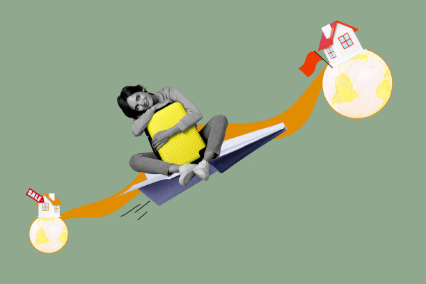 模板海报趋势艺术作品 3D 照片拼贴 全球旅行社周末旅行 年轻女士坐着拿着包 新家房地产图片下载