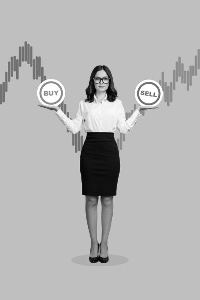 年轻女商人穿着正式西装的照片拼贴，成功交易比特币，图表显示增长，买卖信息，背景为青色。图片下载