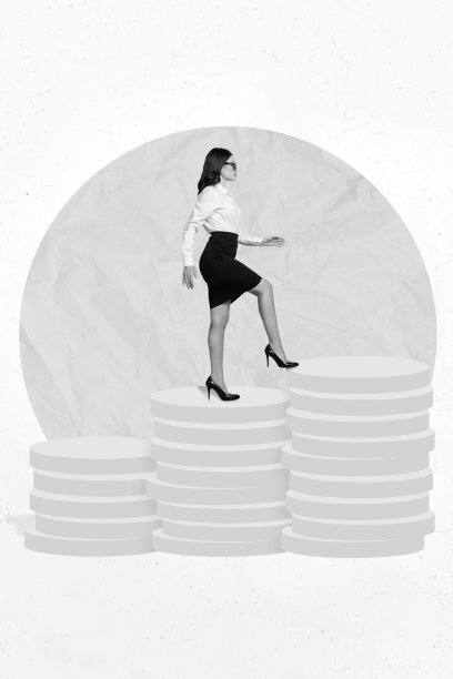 年轻成功的女性首席执行官专业人士走上进步的硬币薪水，创意3D艺术照片拼贴，背景为白色。图片下载