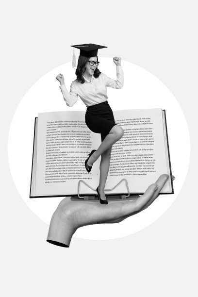 垂直拼贴图，手掌托着一本打开的书，兴奋的小女孩庆祝毕业，背景为手绘风格。图片下载