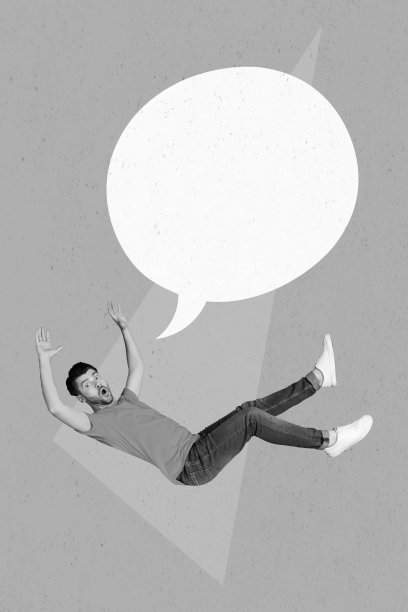 简约风格的照片拼贴艺术，描绘了一位搞笑的惊讶男士摔倒，旁边有一个说话的云朵，背景为空白。图片下载
