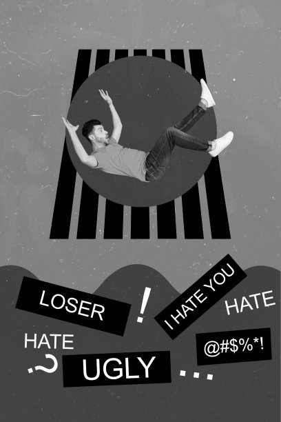 年轻男性学生面临问题、仇恨、丑陋、网络欺凌、沮丧和社会压力的照片拼贴海报，背景为蓝色。图片下载