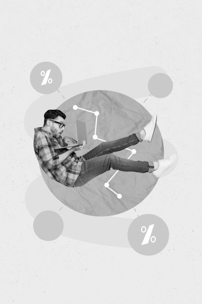 年轻有趣的男孩兴奋地摔倒，手里拿着笔记本电脑，专注于高折扣购买NFT代币的创意照片拼贴，背景为米色。图片下载