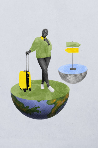 艺术图像，垂直照片拼贴，快乐的美国女孩站在半个地球、月球、太空、路标指示牌，旅行度假概念。图片下载