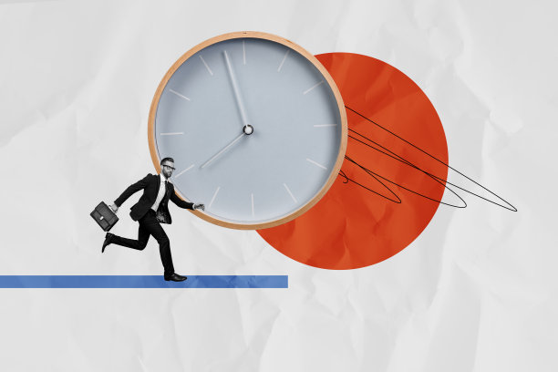 复合图像趋势艺术作品，3D照片拼贴，匆忙的商务人士手持公文包，晚间工作时间，巨大的时钟显示时间。图片下载
