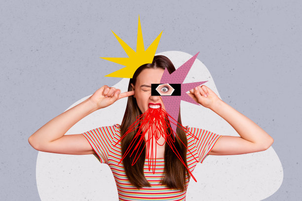 创意合成照片拼贴，表现一位不满的疯狂女性用手指捂住耳朵大声尖叫，背景为手绘风格。图片下载