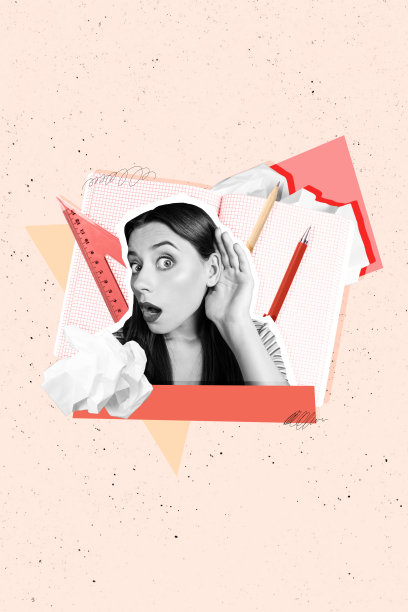 惊讶搞笑的女士竖版照片拼贴，耳朵倾听邻居的谣言，手持尺子、记事本、铅笔和钢笔，背景为涂鸦风格。图片下载