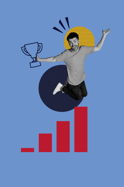 艺术图像，垂直照片拼贴，快乐的商人跳跃在统计图表上，金色奖杯象征着获奖、发展、目标和成就。图片下载