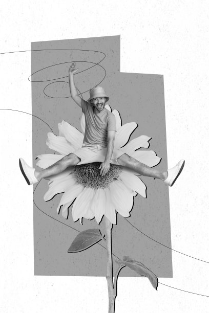 创意照片3D拼贴艺术海报，展示一位时尚男士坐在向日葵旁，挥手致意，背景为绘画风格。图片下载