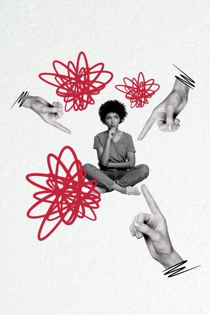 3D照片拼贴模板趋势艺术作品，年轻女士坐着思考，指着错失的线索，承受压力、虐待、歧视、犯罪问题的受害者。图片下载