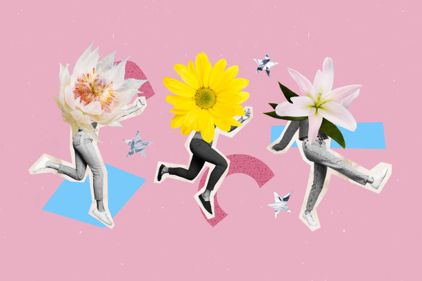 三位匿名女孩的时尚杂志拼贴照片，头部是菊花、百合和野花的盛开，春季假日气息。图片下载