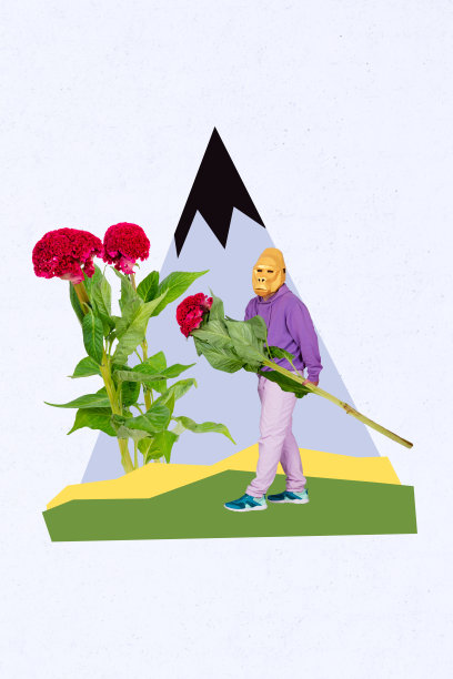 春季植物假日的照片拼贴趋势草图模板，超现实的年轻人，猴子头，手牵手，户外山脉中拿着花。图片下载