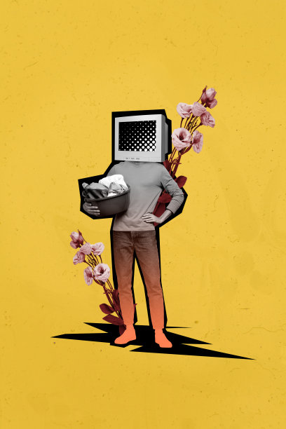 艺术图像，竖版照片拼贴，匿名家务人员，头部为电脑显示器，手持盆子洗衣服，洋桔梗花，清洁服务。图片下载