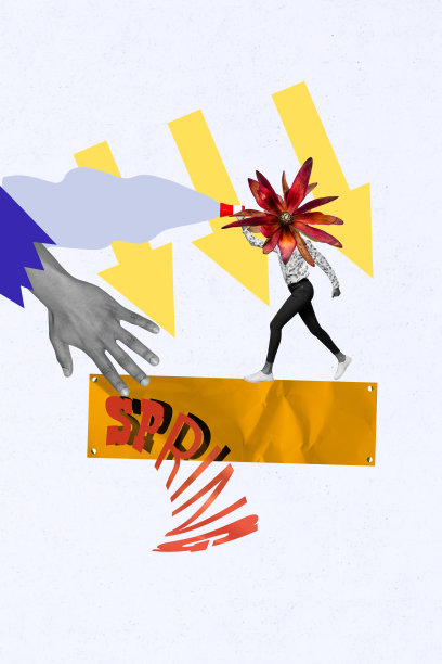 创意照片拼贴趋势艺术模板，手指展示“春天”字样的无头女性，花朵代替行走，指向春季假期的箭头。图片下载