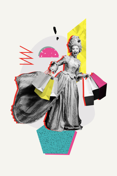 独特的垂直照片拼贴，快乐的女伯爵女孩手持黑色星期五购物促销包，展现零售消费主义的面具派对。图片下载