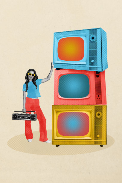 复古电视调谐器堆叠的趋势艺术海报合成素描图像拼贴，年轻女士手持音响，派对休闲无忧。图片下载