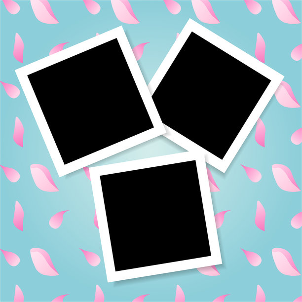 逼真的剪贴簿风格照片框模型，配有阴影和樱花花瓣背景。春季矢量插图图片下载