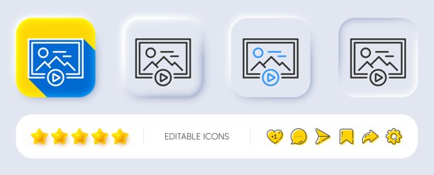 开始演示的线条图标。照片图像缩略图标志。拟物化按钮。矢量图。图片下载