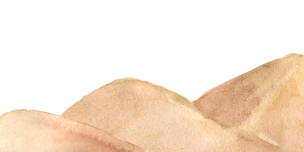 沙丘戈壁沙漠水彩插图，背景为白色。手绘的风景沙丘。金色沙漠和地平线上赭色山丘的美丽景色，适合旅行社设计的横幅。图片下载