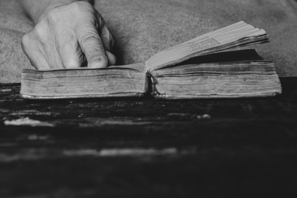 老年女性在家中桌子旁阅读书籍，黑白照片图片下载