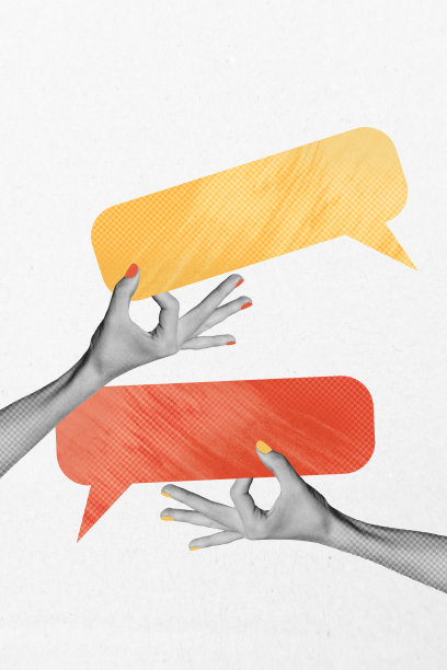 独特的垂直照片拼贴，展示手部与沟通图标、对话、谈话短语、社交媒体信息。图片下载