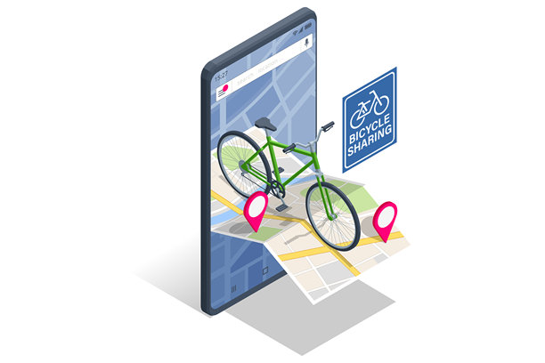 自行车租赁。一个等距的矢量插图，展示了一辆橙色城市自行车位于智能手机地图界面上，界面上有一个大大的租赁按钮，象征着自行车租赁应用程序。图片下载