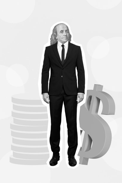 照片拼贴艺术，简约风格，自信的工人用钱代替头部，孤立的绘画背景图片下载