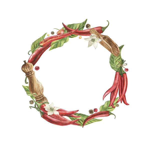 圆形框架，香料花环，红辣椒，胡椒瓶，木勺，叶子和花朵。水彩插图采用植物风格手绘，色调为红棕绿。适用于咖啡馆设计。图片下载