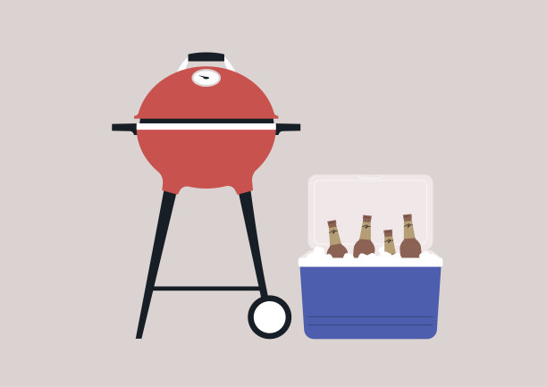 在户外享受悠闲的一天，周围是大自然，一旁有一个冒着热气的鲜红色烧烤架和一个装满冰块和冷饮的冰箱，令人感到欢笑和良好的陪伴。图片下载