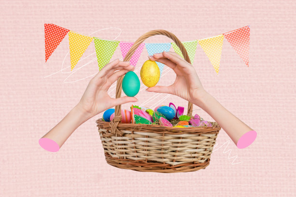 春季假日复活节盛宴的3D照片拼贴海报，匿名手持鸡蛋，收集礼品篮和旗帜。图片下载