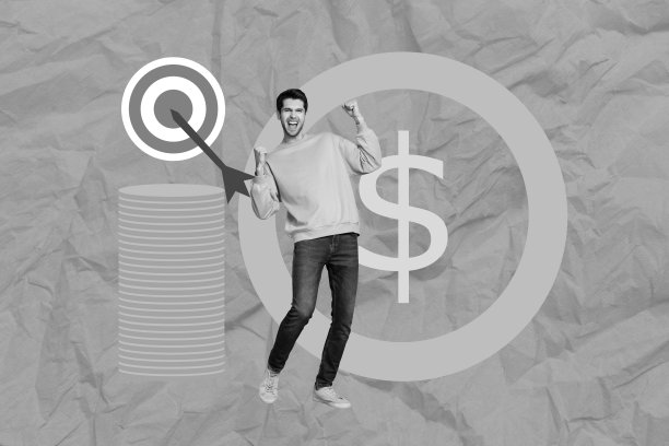 年轻商人企业家举拳庆祝胜利，目标成功，财富满满，背景为绘画风格的照片拼贴艺术设计图片下载