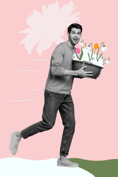 年轻男子在户外春季新季节漫步，手提花篮收集雪花莲花束的照片拼贴趋势草图模板艺术作品图片下载