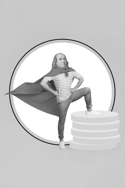 年轻超级英雄的拼贴照片，头戴本杰明·富兰克林的经济学硕士帽，披着红色斗篷，收集金色代币，背景为涂成蓝色。图片下载