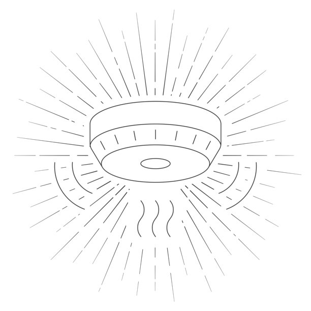 烟雾报警器。白色背景上的线条图标，带有光芒四射的效果。图片下载