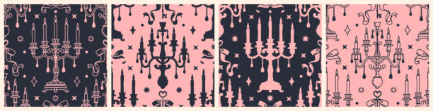 巴洛克哥特式无缝图案，配有奢华的复古烛台和吊灯。经典浪漫、调皮的背景，带有神秘而戏剧性的黑暗与粉色调。图片下载