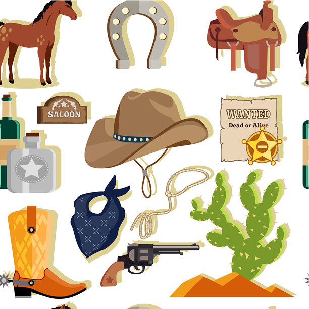 牛仔装备与旧西部图标合集，包括帽子、靴子、仙人掌和左轮手枪图片下载