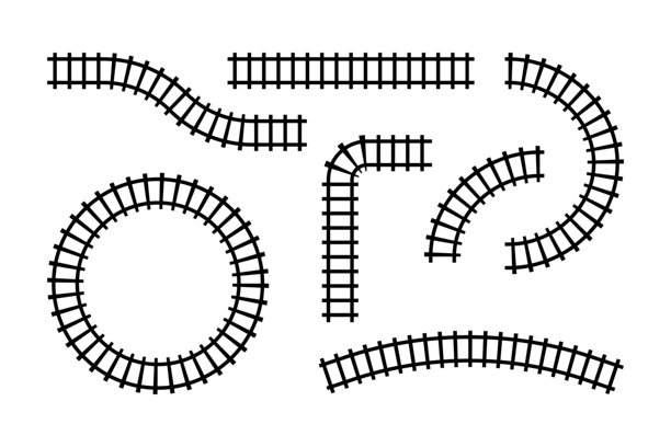 铁路段集合。铁路元素的俯视图。火车轨道的直线和波浪线，独立于白色背景。矢量插图。图片下载