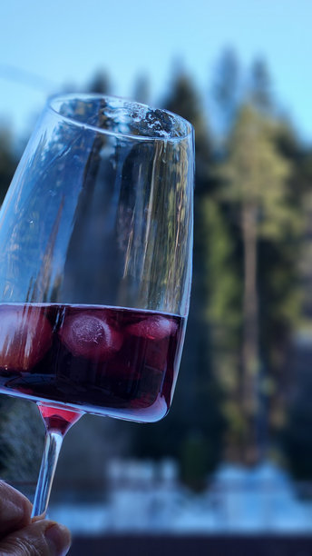 女性手持红酒杯，背景为自然风光。竖版照片图片下载