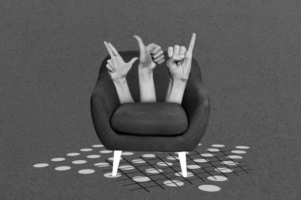 创意照片3D拼贴艺术海报明信片，展示人手置于舒适现代的扶手椅中，背景为绘画风格。图片下载