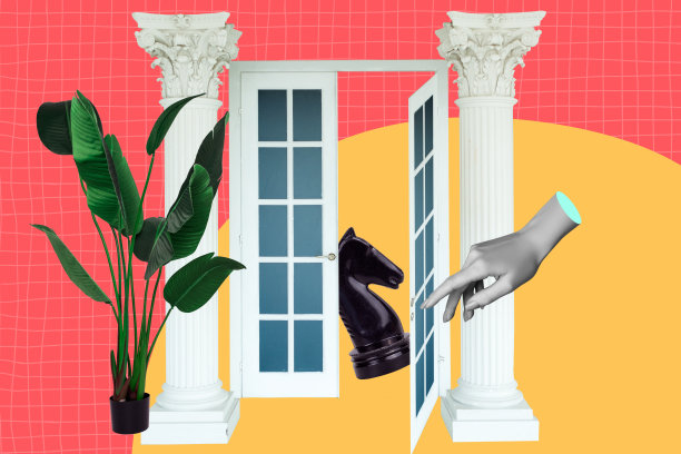 3D素描趋势照片艺术拼贴，手打开门，房间入口，古老的柱子装饰，棕榈花，骑士棋子跳跃图片下载