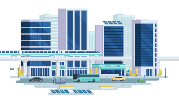 现代城市风景矢量插图。商业区摩天大楼，城市景观。带街道元素的办公楼组合。图片下载