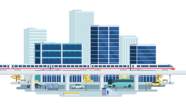 现代城市风景矢量插图。商业区摩天大楼，城市景观。带街道元素的办公楼组合。图片下载