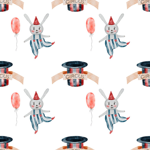 马戏团水彩图案。手绘可爱动物，背景为纯白色。剪贴画兔子和魔术师的帽子。非常适合婴儿洗礼和生日的纺织品及相关物品。图片下载